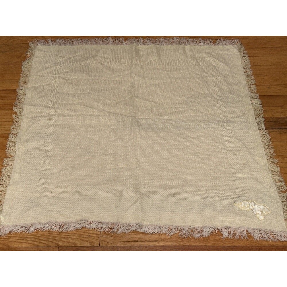 Vtg Yellow Woven Fringed Acrylic Baby Blanket ￼With Elephant Appliqué